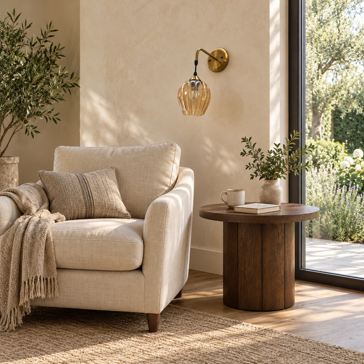 Ribbed amber pendant wall light switched off above an upholstered armchair beside a window and round side table in daylight.