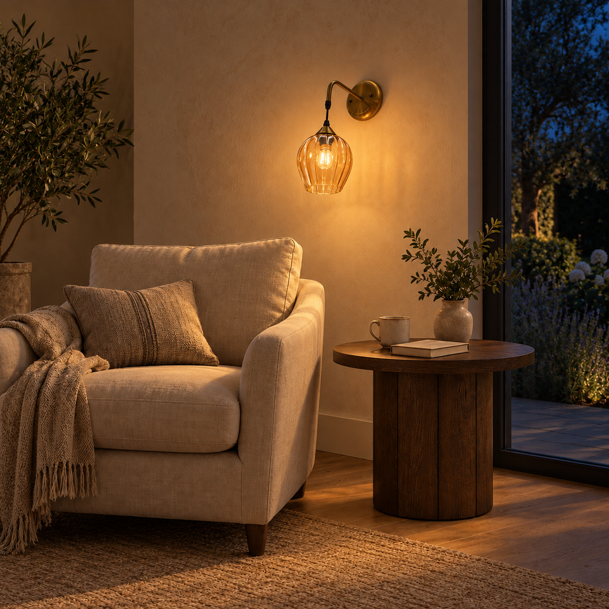 Ribbed amber pendant wall light illuminated above an upholstered armchair beside a window and round side table at night.