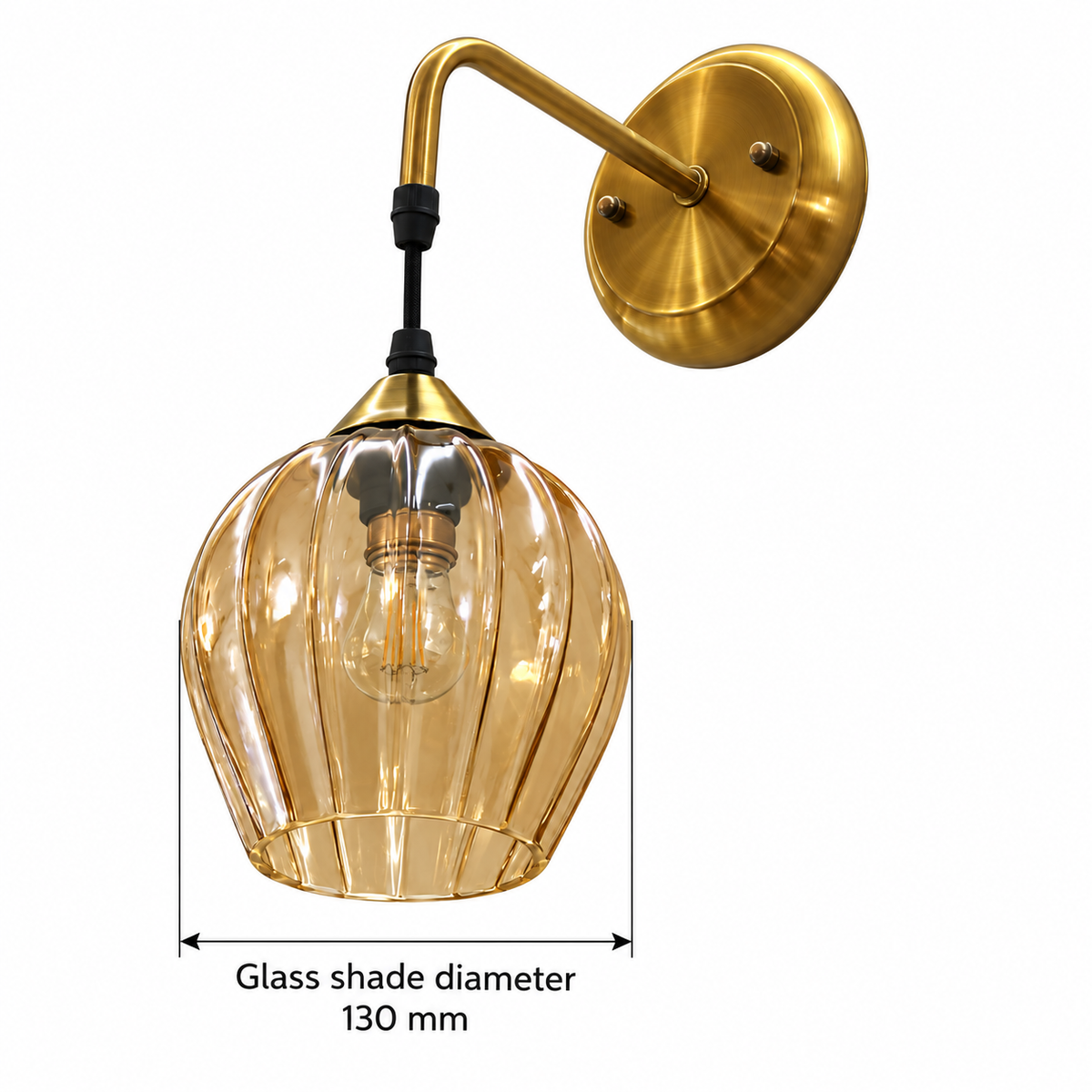 Ribbed amber pendant wall light dimension diagram showing the glass shade diameter only: 130 mm at the widest rounded section.