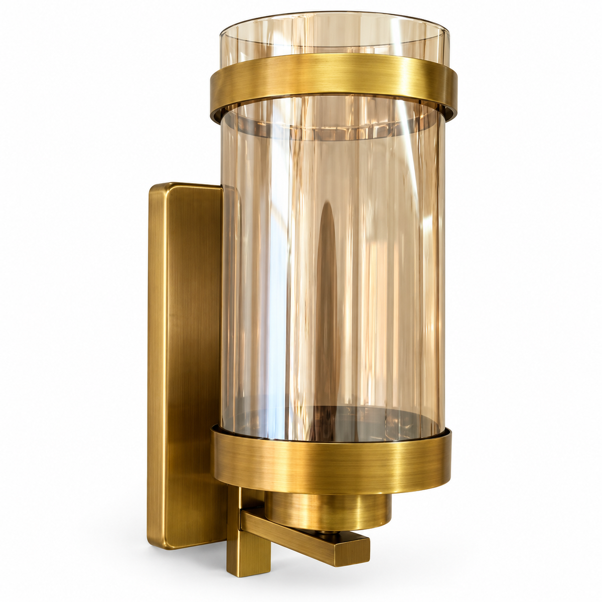 Amber glass cylinder wall light with broad upper and lower bands and a rounded-rectangle backplate, switched off on a white background.