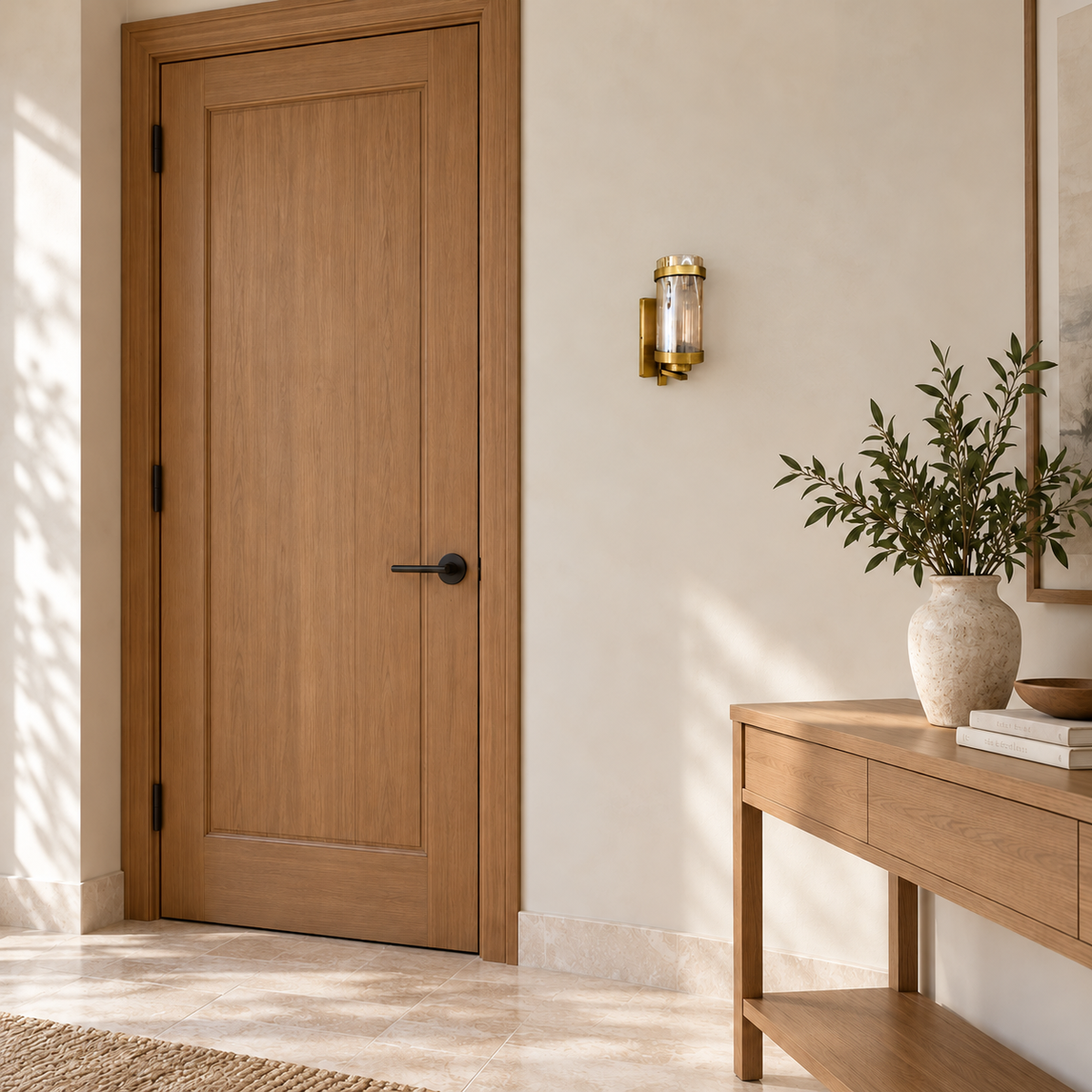 Amber glass twin-band wall light switched off beside a wooden door and console table in daylight.