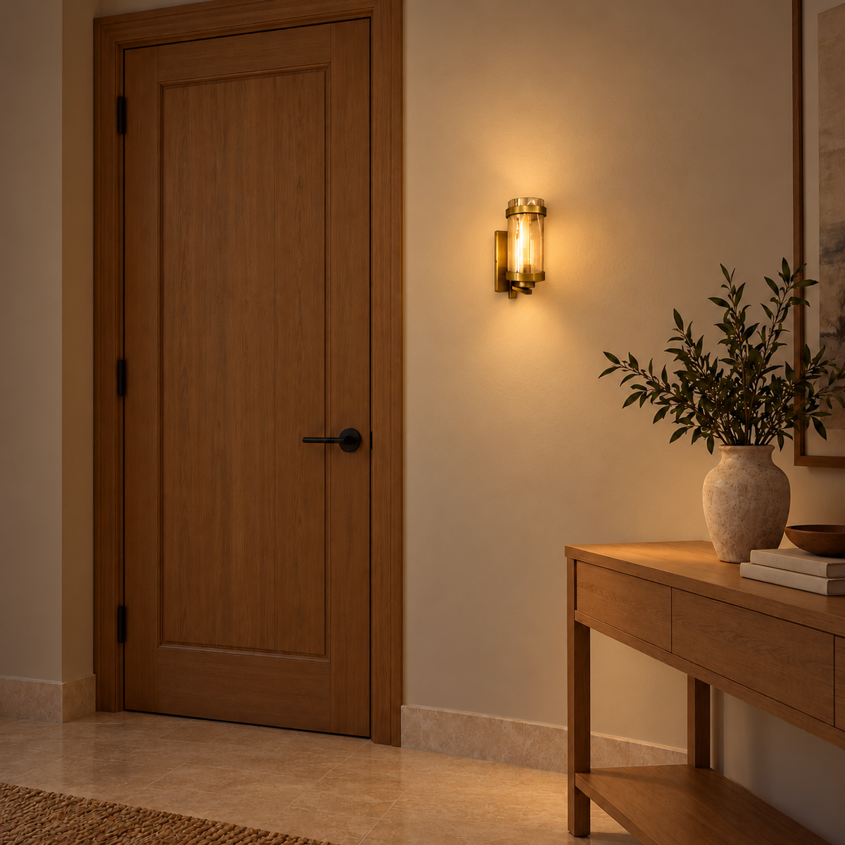 Amber glass twin-band wall light illuminated beside a wooden door and console table at night.