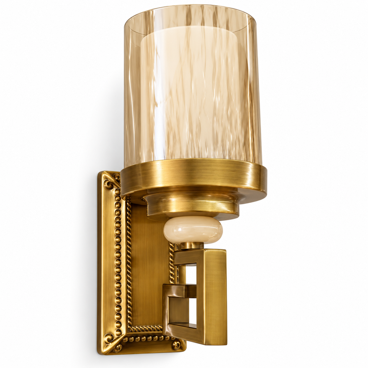 Amber and white glass wall light with a beaded rectangular backplate, angular arm and ivory-coloured accent, switched off on a white background.