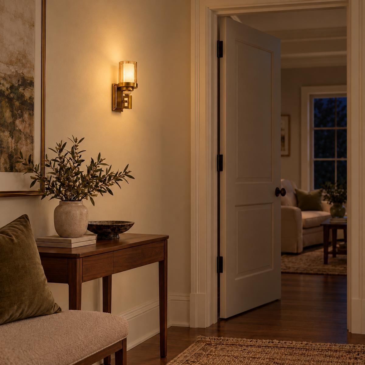 Amber glass ornate-backplate wall light illuminated above a console beside a bench and open doorway at night.