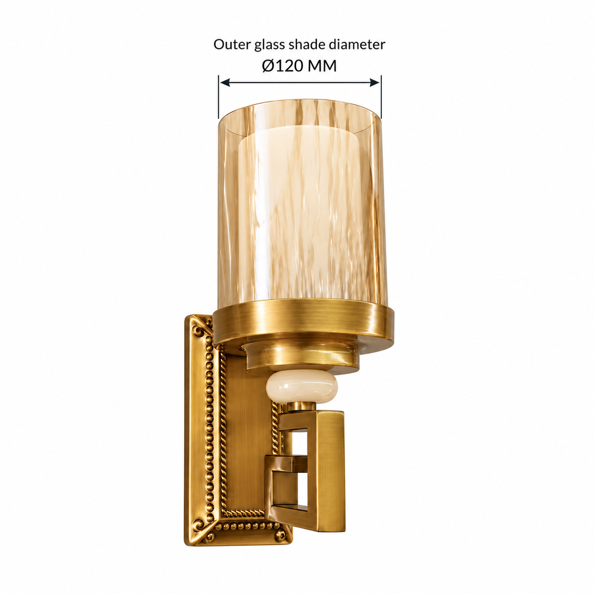 Amber glass ornate-backplate wall light dimension diagram showing the outer glass shade diameter only: 120 mm.