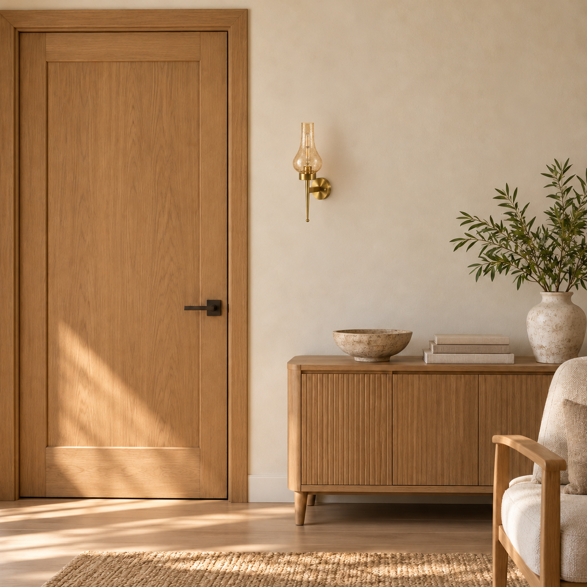 Amber crackle glass chimney wall light switched off beside a wooden door and above a wooden cabinet in daylight.