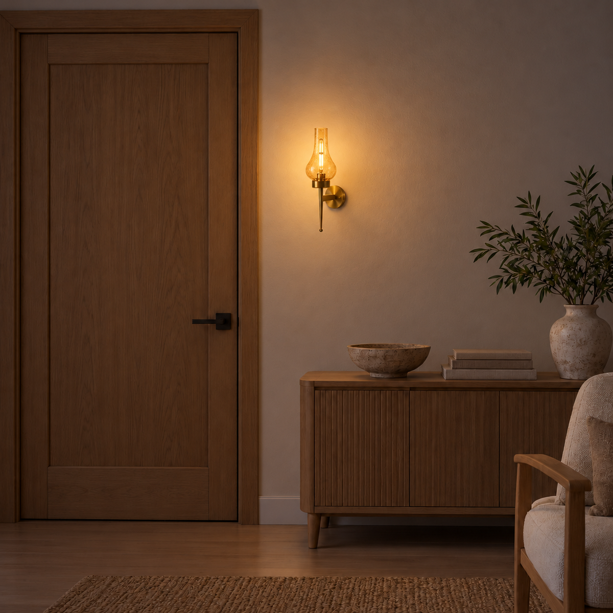 Amber crackle glass chimney wall light illuminated beside a wooden door and above a wooden cabinet at night.