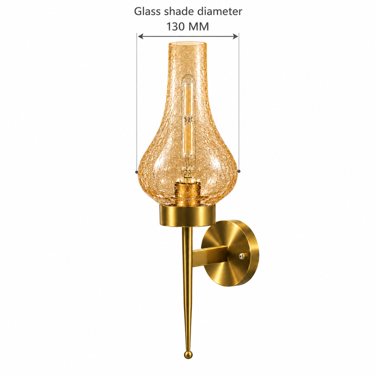 Amber crackle glass chimney wall light dimension diagram showing the glass shade diameter only: 130 mm at the widest rounded section.