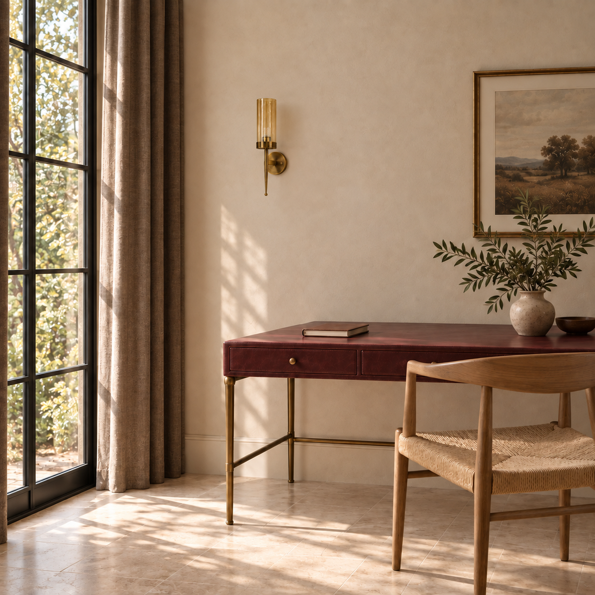 Amber glass spear-stem wall light above a writing desk in daylight, switched off