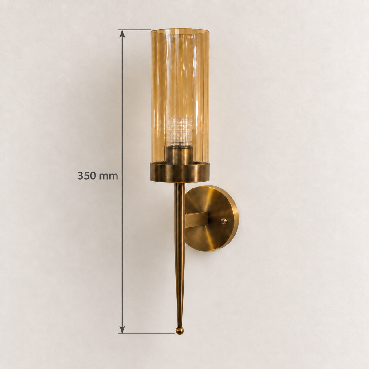 Amber glass spear-stem wall light showing 350 mm overall height