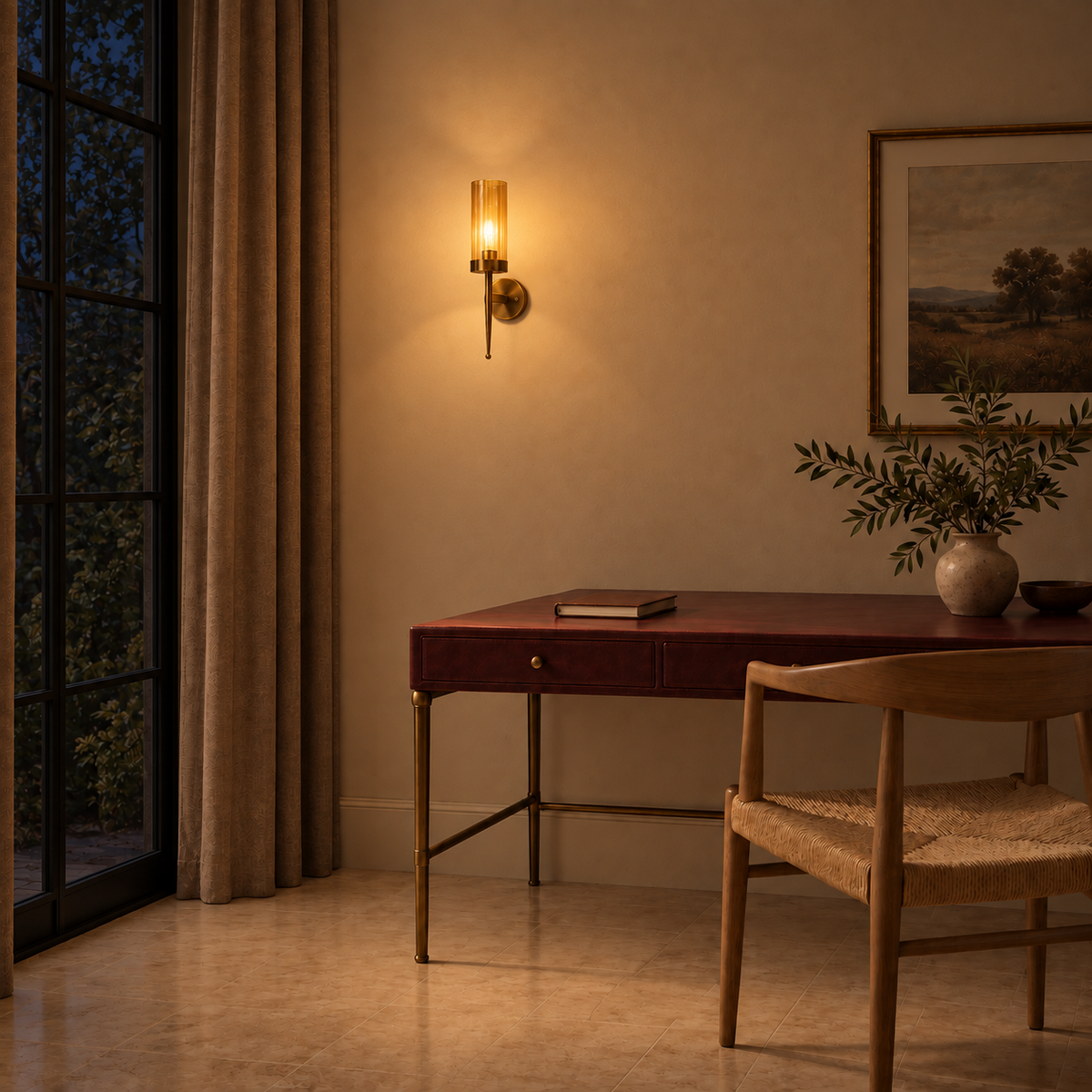 Amber glass spear-stem wall light illuminated above a writing desk at night