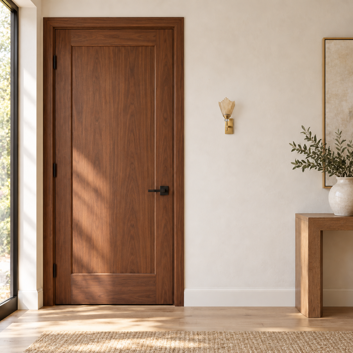 Fluted amber crown wall light switched off beside a wooden door and console in daylight.