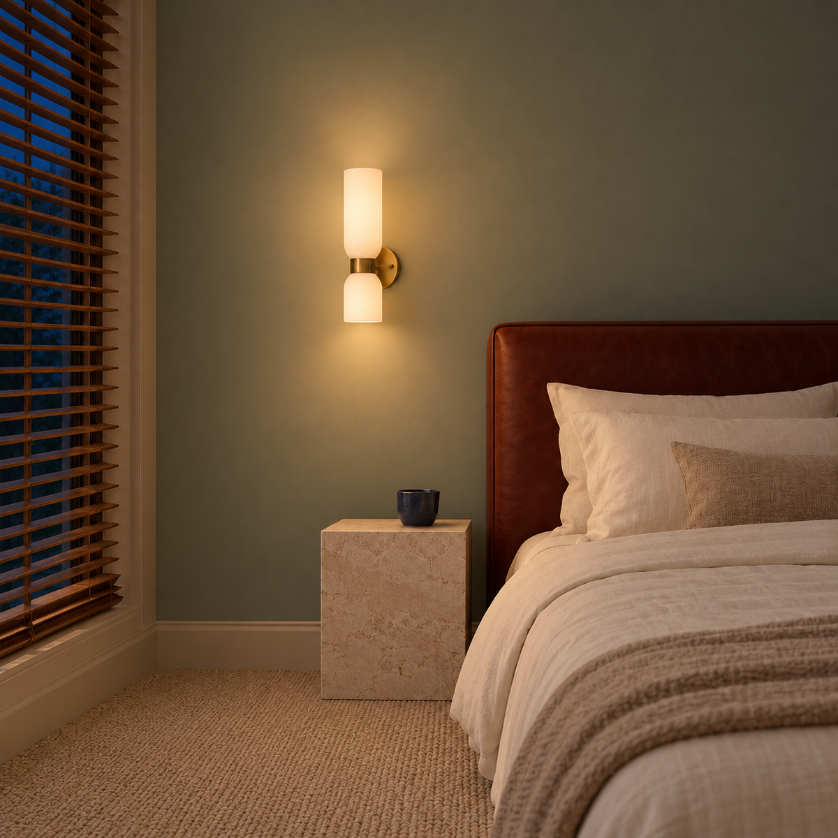 Twin white shade wall light illuminated beside a brown upholstered headboard at night
