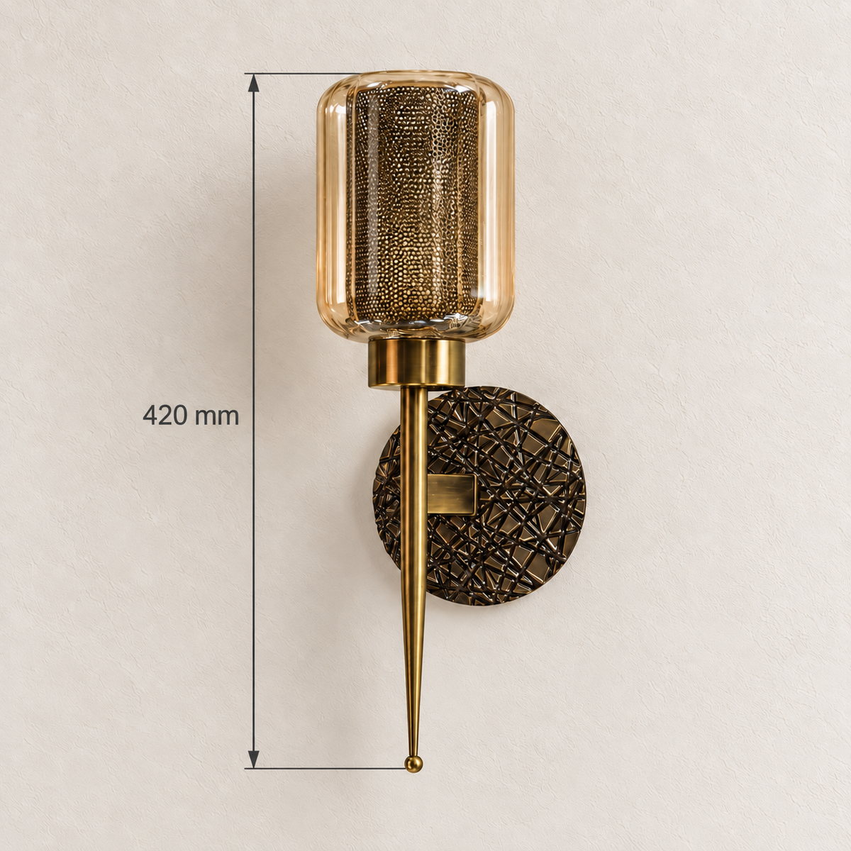 Amber glass lattice-disc wall light showing 420 mm overall height