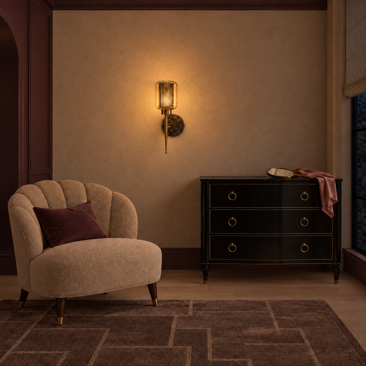 Amber glass lattice-disc wall light illuminated between an armchair and dresser at night