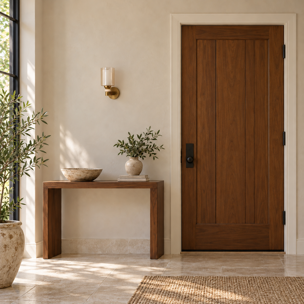 Amber glass bead-accent wall light switched off above a wooden console beside a wooden door in daylight.