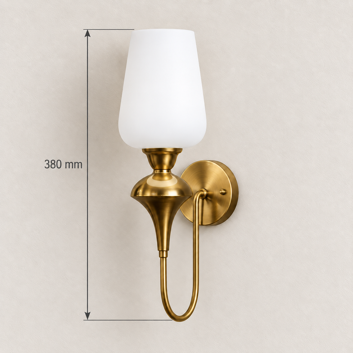 White glass loop-arm torch wall light showing 380 mm overall height