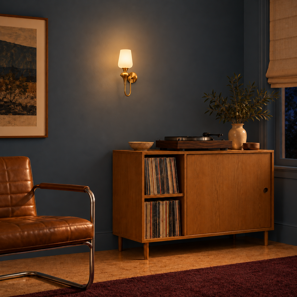 White glass loop-arm torch wall light illuminated above a record cabinet at night