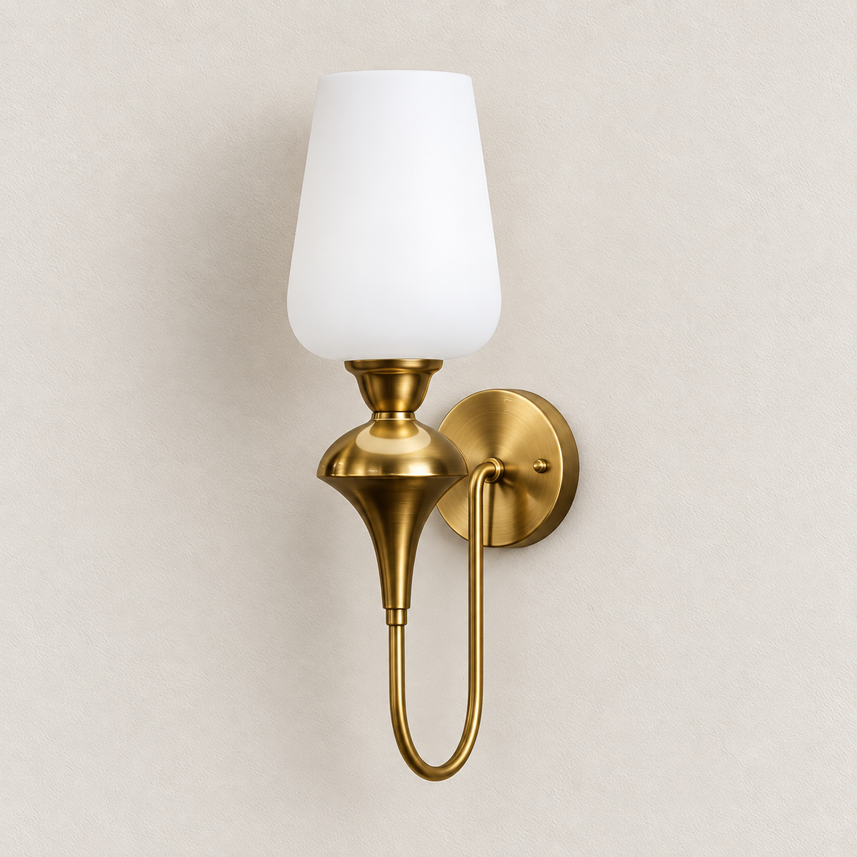 White glass torch-style wall light with looped arm and round backplate, switched off
