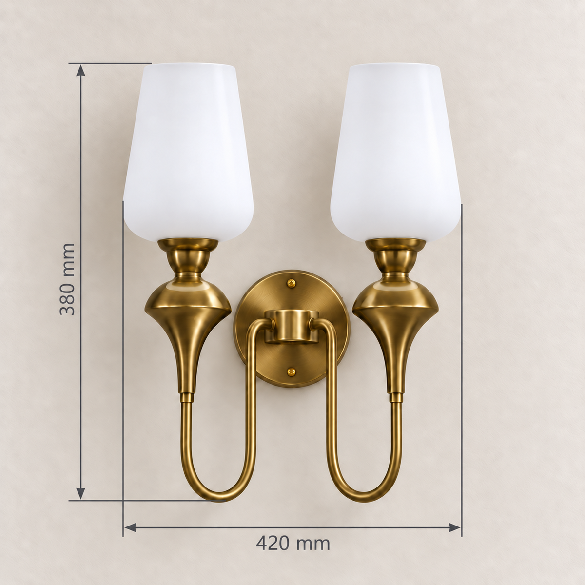 Twin white glass loop-arm torch wall light showing 420 mm width and 380 mm overall height
