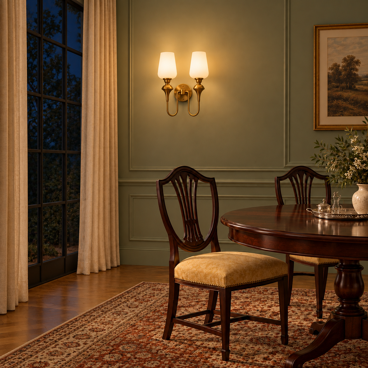 Twin white glass loop-arm wall light illuminated beside a dining table at night
