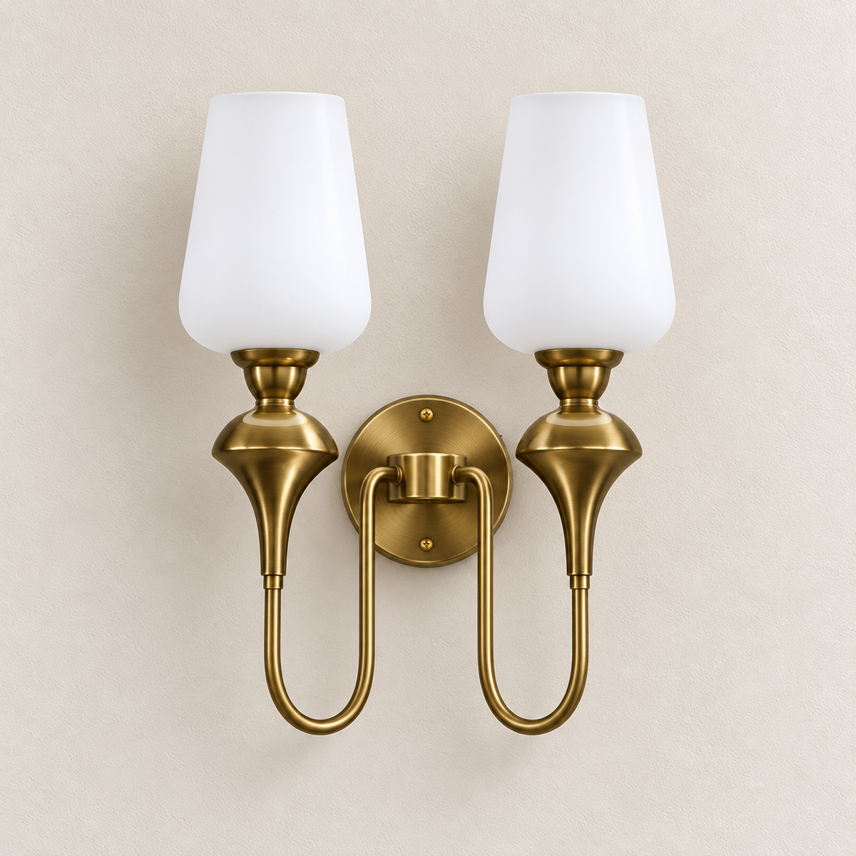 Twin white glass torch-style wall light with matching looped arms and round central backplate, switched off