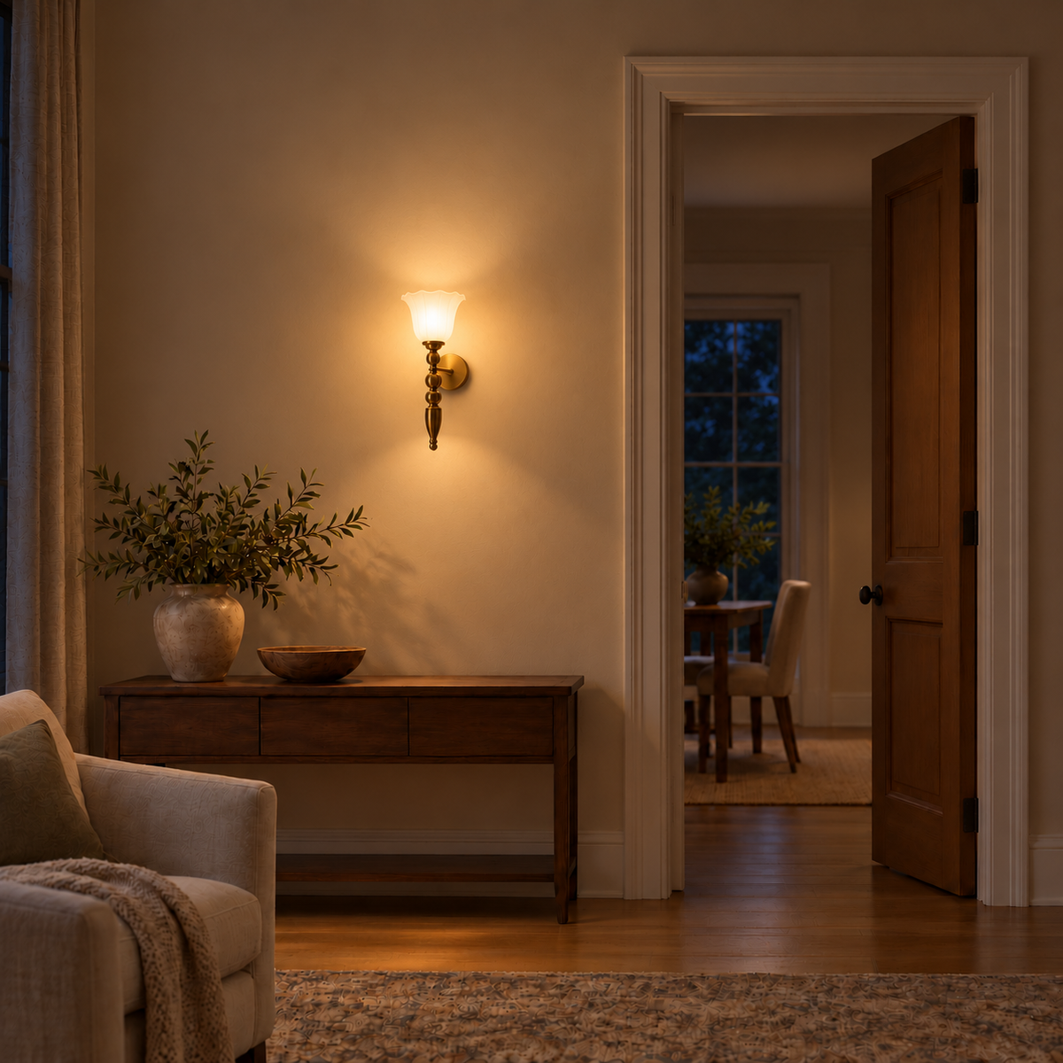 Frosted tulip ornamental wall light illuminated above a wooden console beside an open doorway at night.