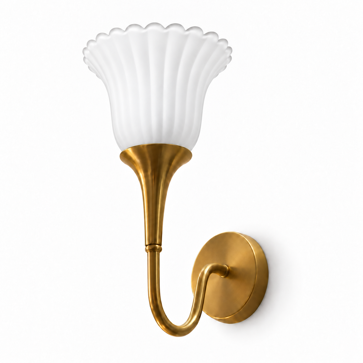 Fluted frosted glass wall light with a trumpet-shaped holder, deep curved arm and round backplate, switched off on a white background.