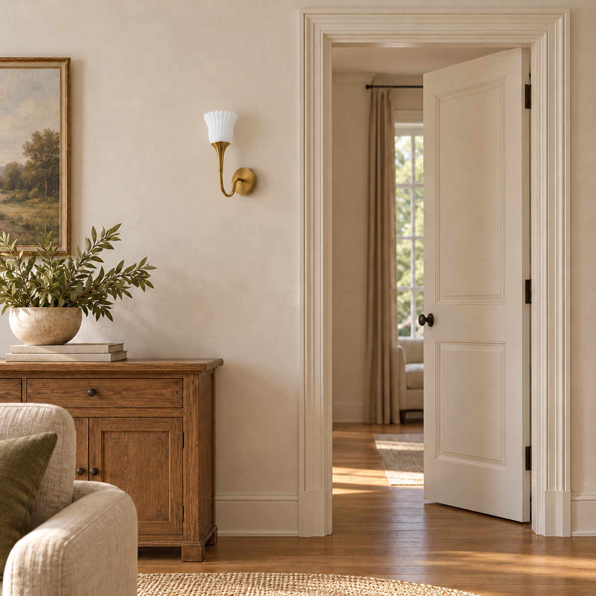 Fluted frosted glass curved-arm wall light switched off above a carved wooden cabinet beside an open doorway in daylight.