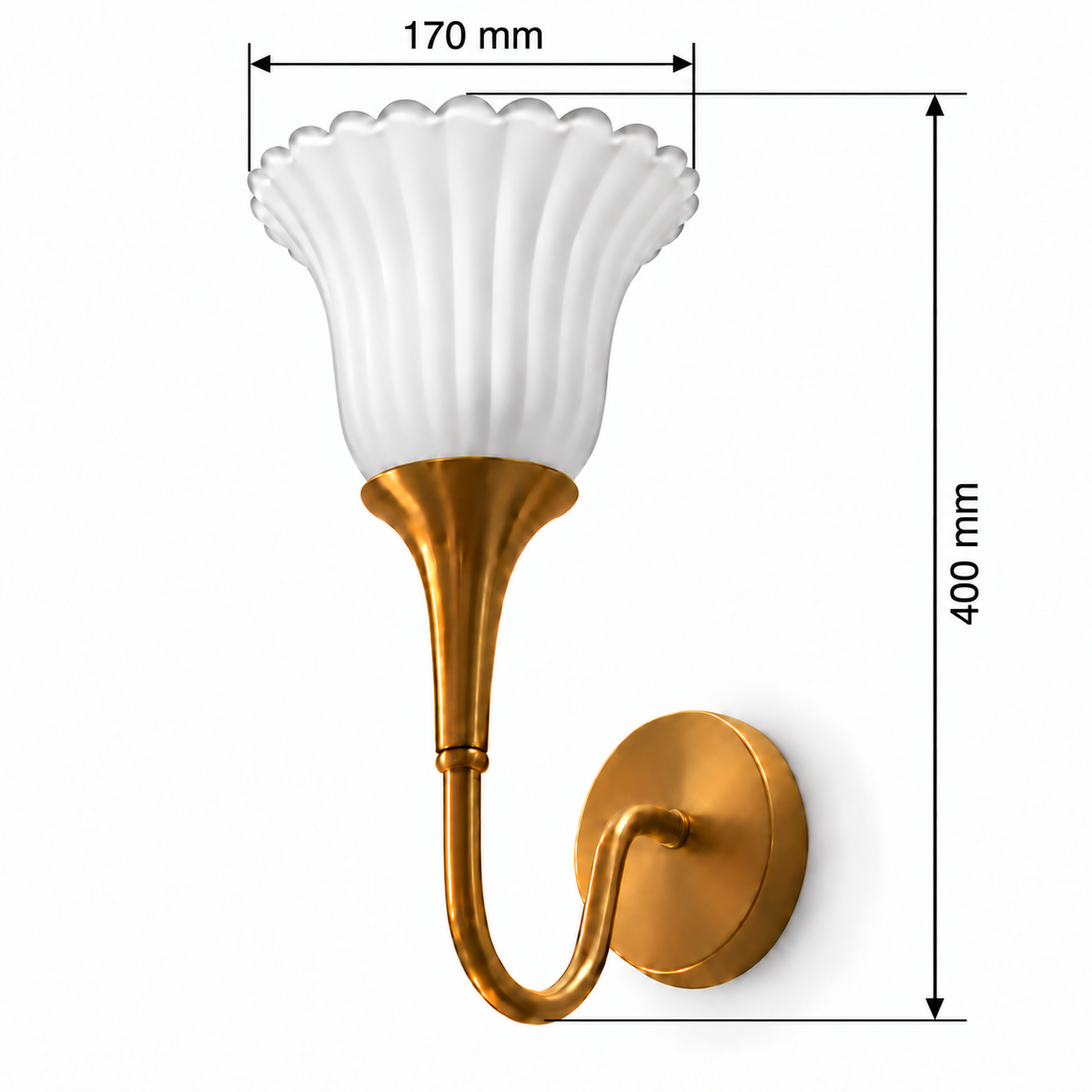 Fluted frosted glass wall light dimension diagram showing 400 mm overall height and 170 mm glass shade diameter at the widest upper rim.