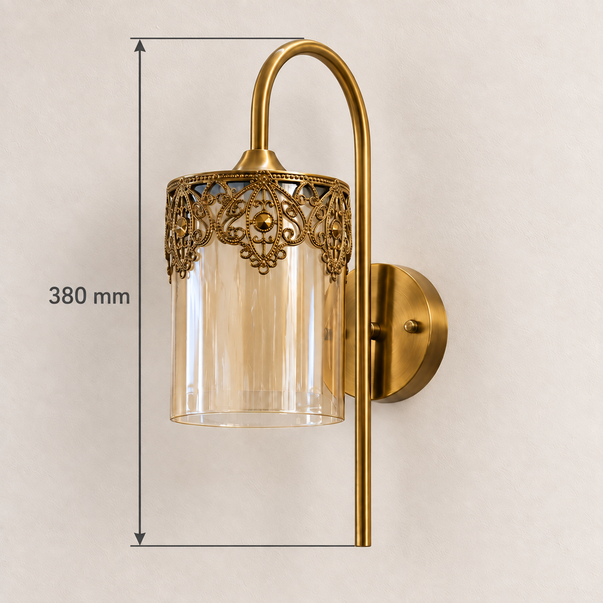 Filigree-rim glass lantern wall light showing 380 mm overall height
