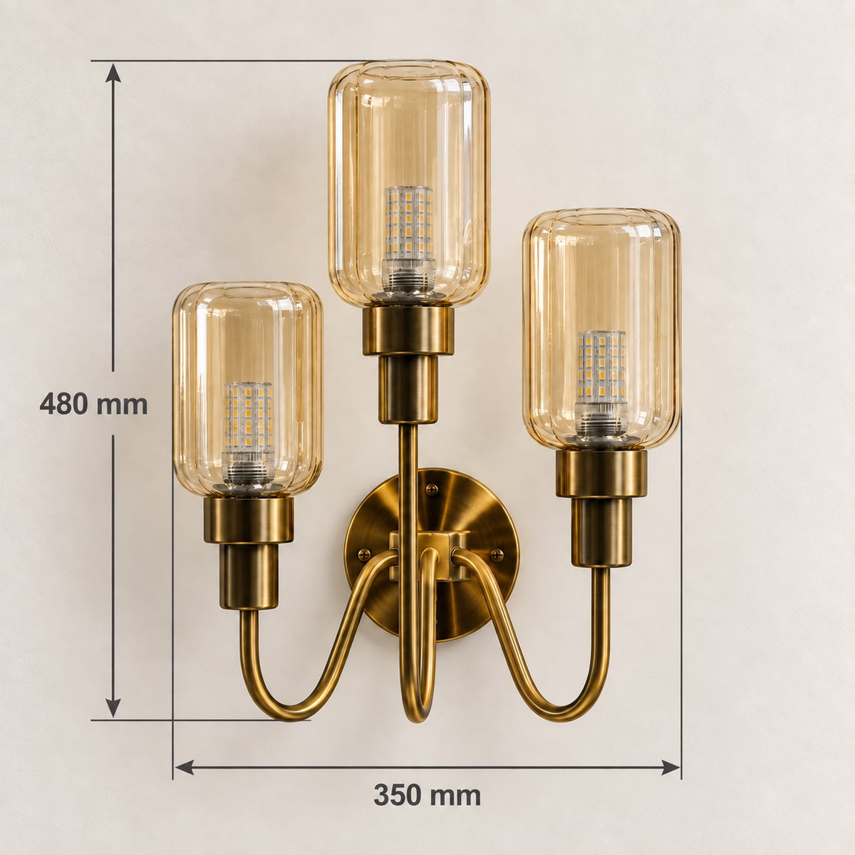 Triple amber glass staggered-arm wall light showing 350 mm width and 480 mm overall height
