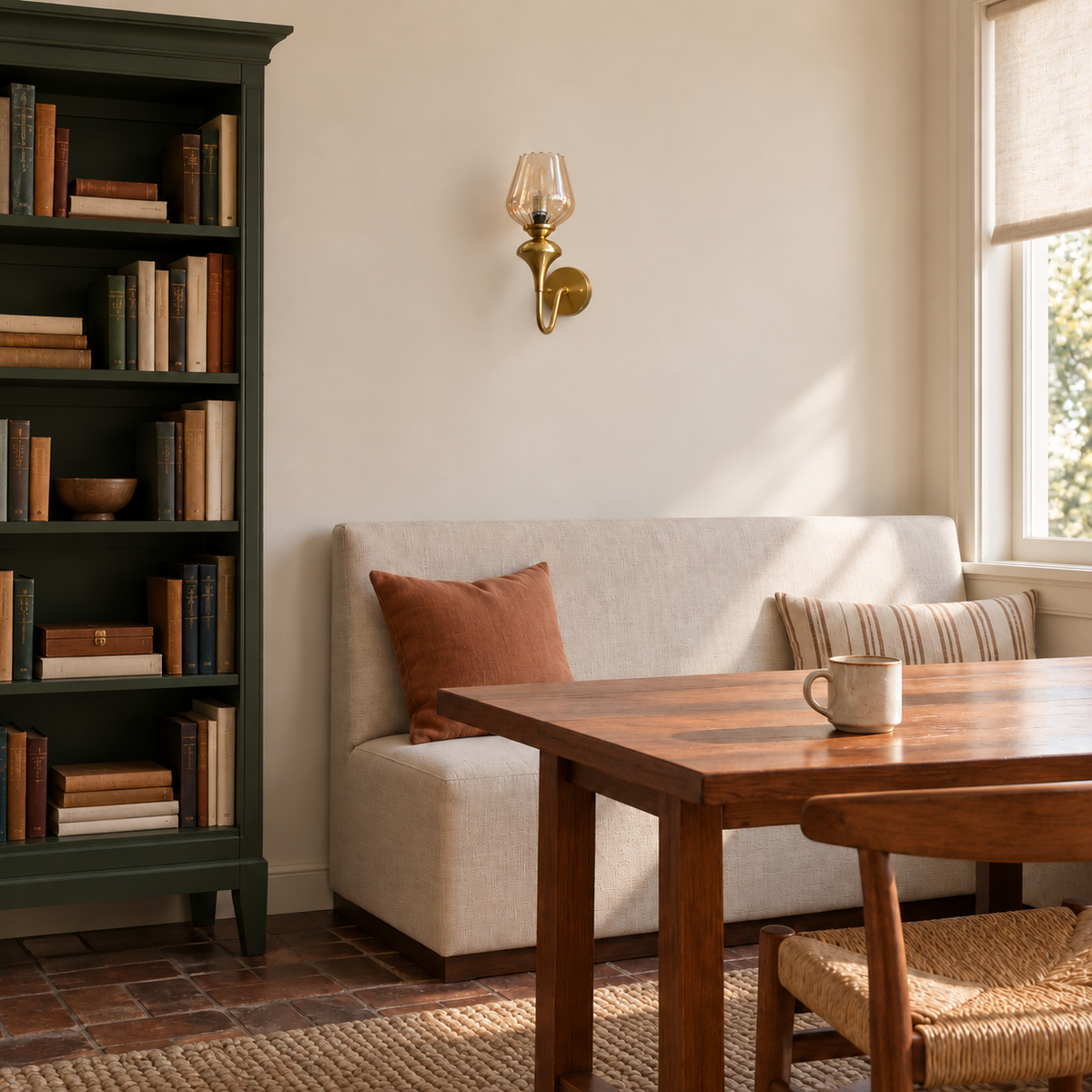 Ribbed amber glass loop-arm wall light above banquette seating in daylight, switched off