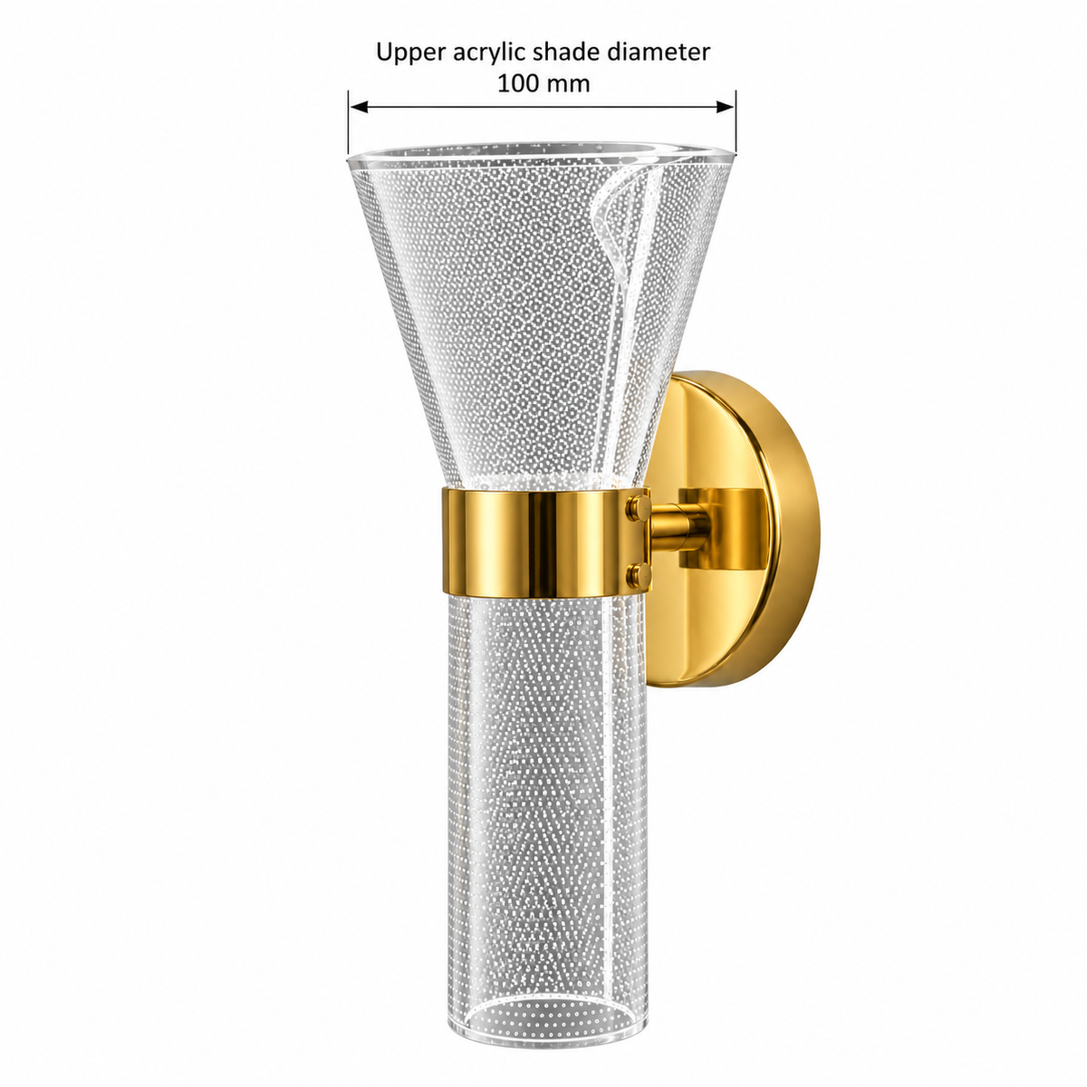 Dotted acrylic trumpet wall light dimension diagram showing the upper acrylic shade diameter only: 100 mm across the widest mouth.
