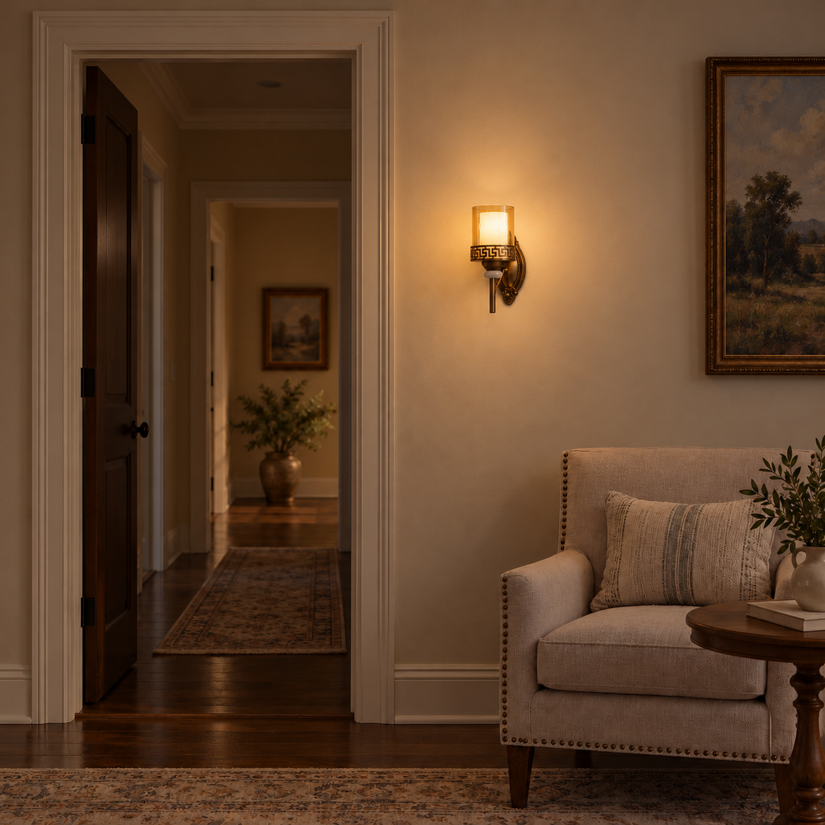 Amber Greek-key stem wall light illuminated above an upholstered armchair beside an open doorway at night.