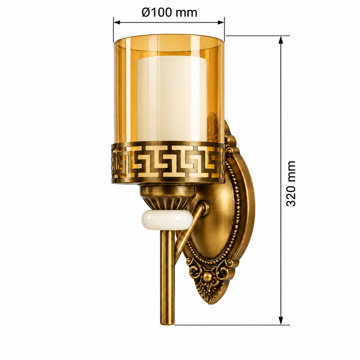 Amber Greek-key wall light dimension diagram showing 100 mm glass shade diameter and 320 mm overall fixture height.