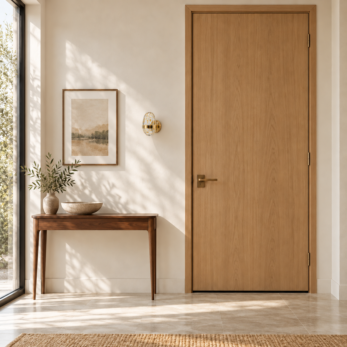 Golden-flake acrylic oval wall light switched off beside framed artwork and above a wooden console near a door in daylight.