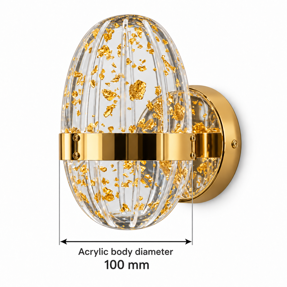 Golden-flake acrylic oval wall light dimension diagram showing the maximum acrylic body diameter only: 100 mm.