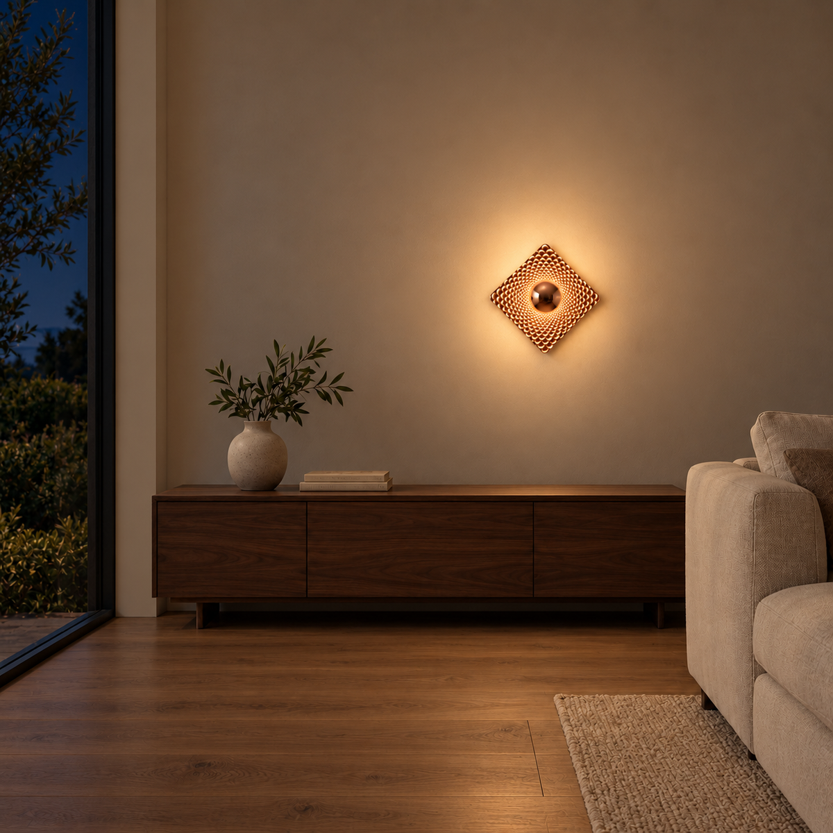 Rose-Tone Dimpled Square Wall Light above a low wood sideboard beside an upholstered sofa at night, illuminated