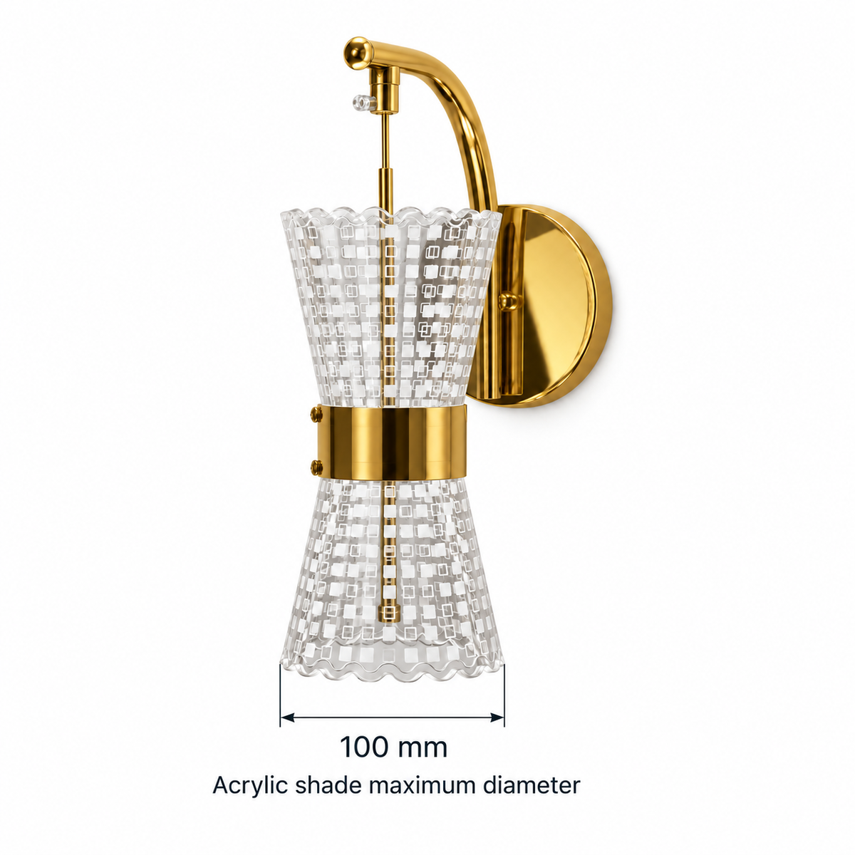 Checkerboard acrylic hourglass wall light dimension diagram showing the maximum acrylic shade diameter only: 100 mm across the flared edges.