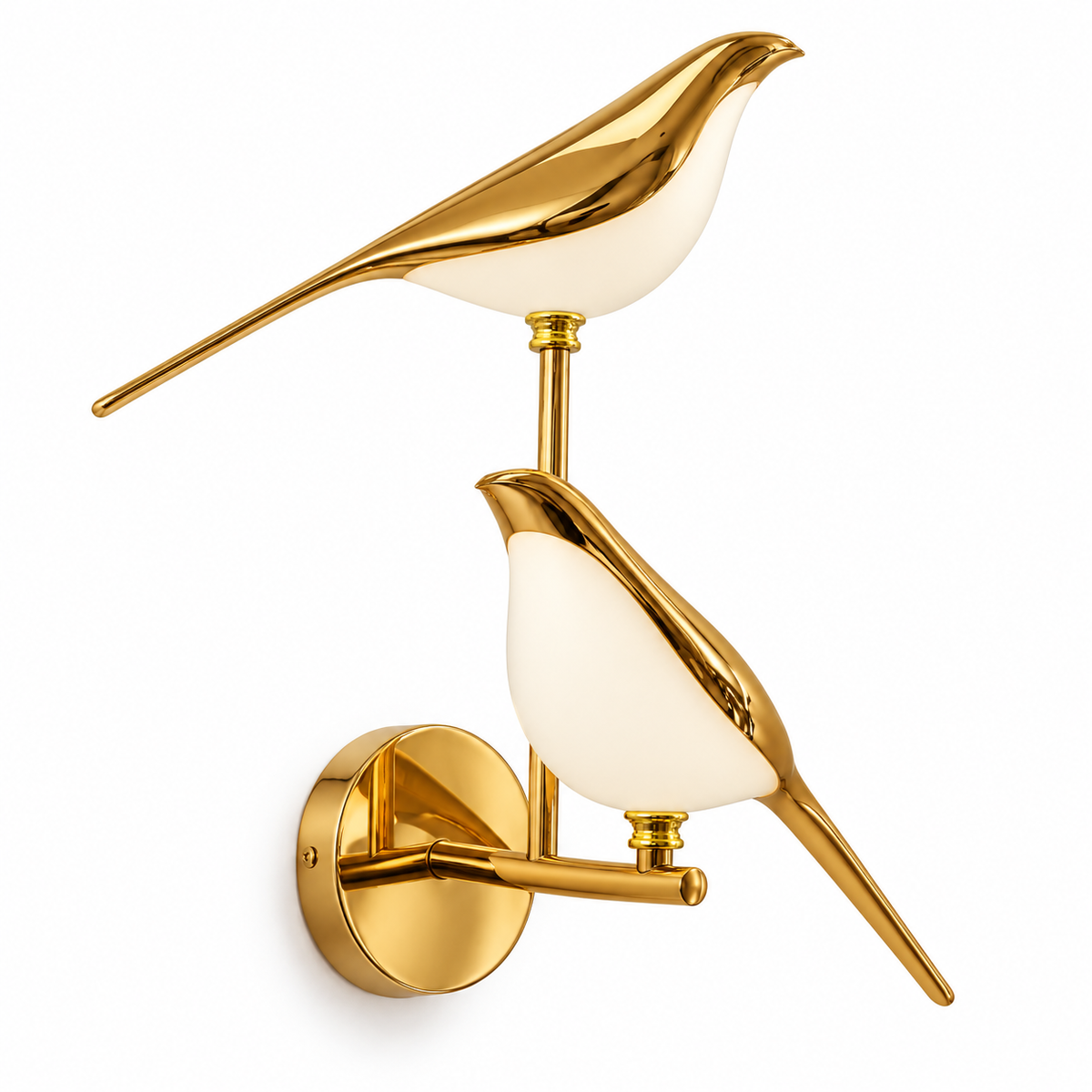 Twin Bird Acrylic Wall Light with two gold-tone birds facing opposite directions with white acrylic bodies and a round wall plate, shown switched off against a white background