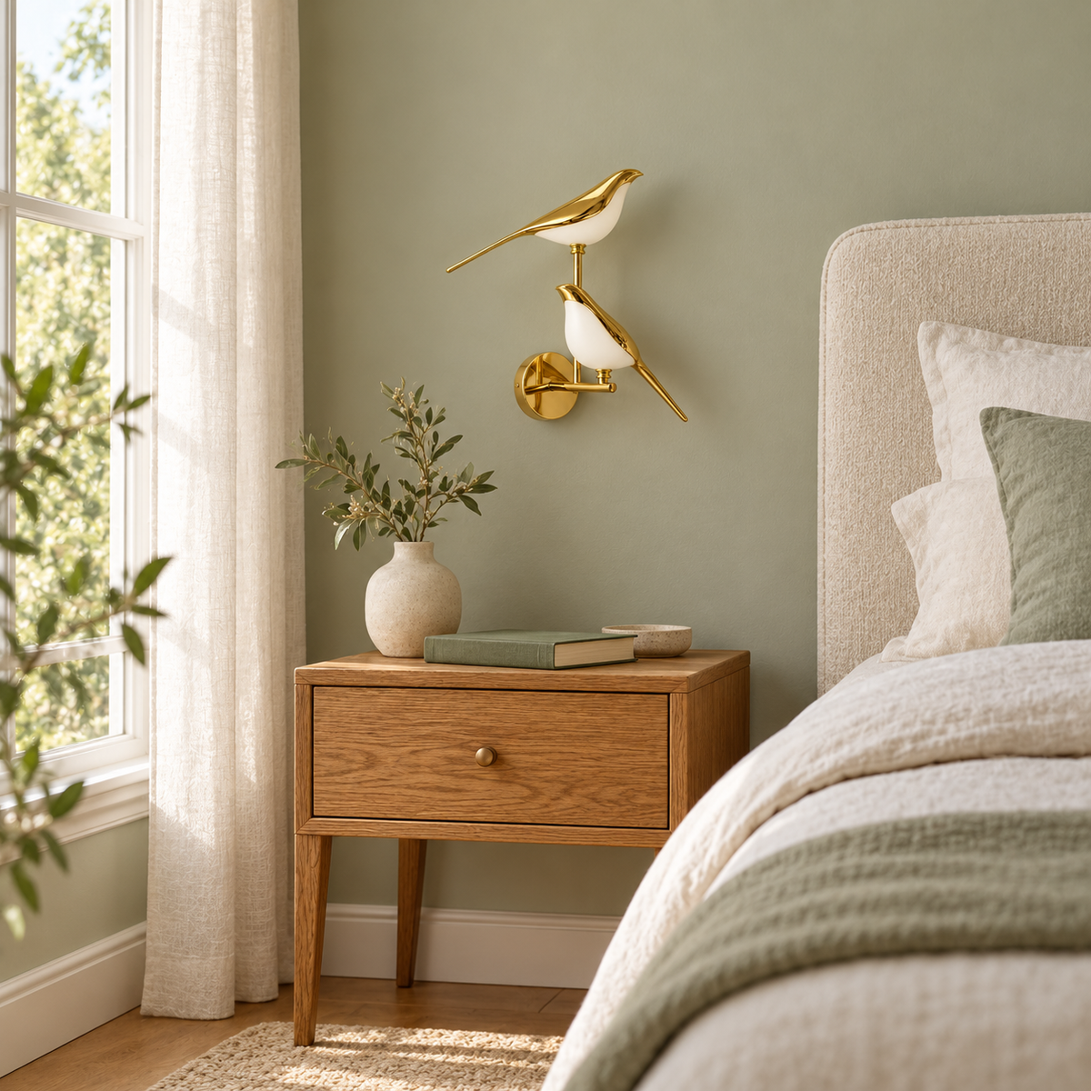 Twin Bird Acrylic Wall Light switched off above an oak bedside table beside an upholstered bed in daylight