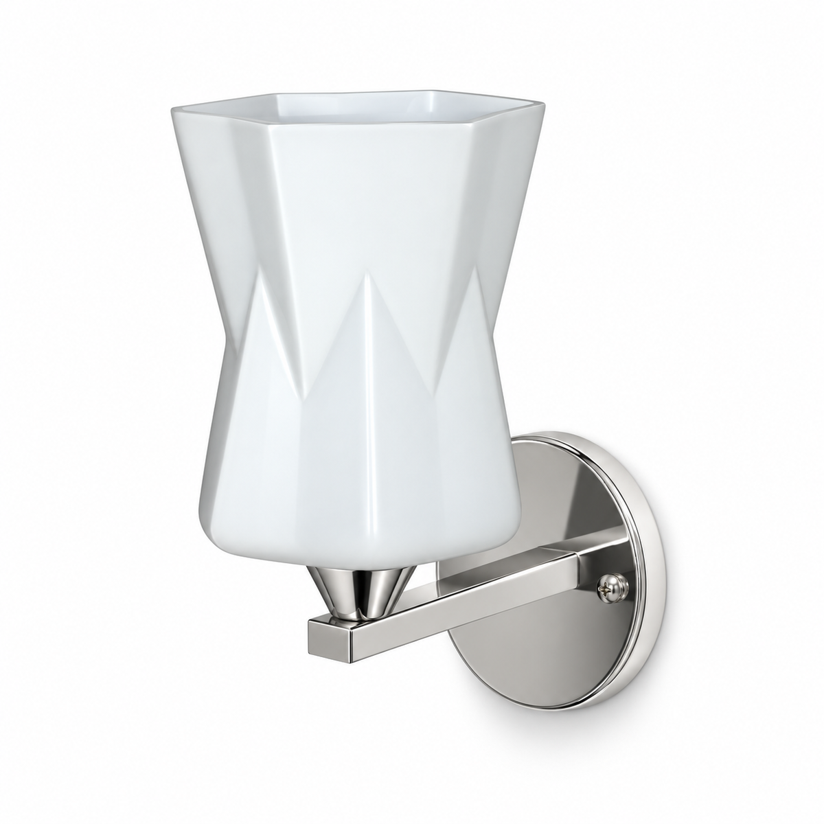 White faceted hourglass glass wall light with a silver-tone arm and circular backplate, switched off against a white background