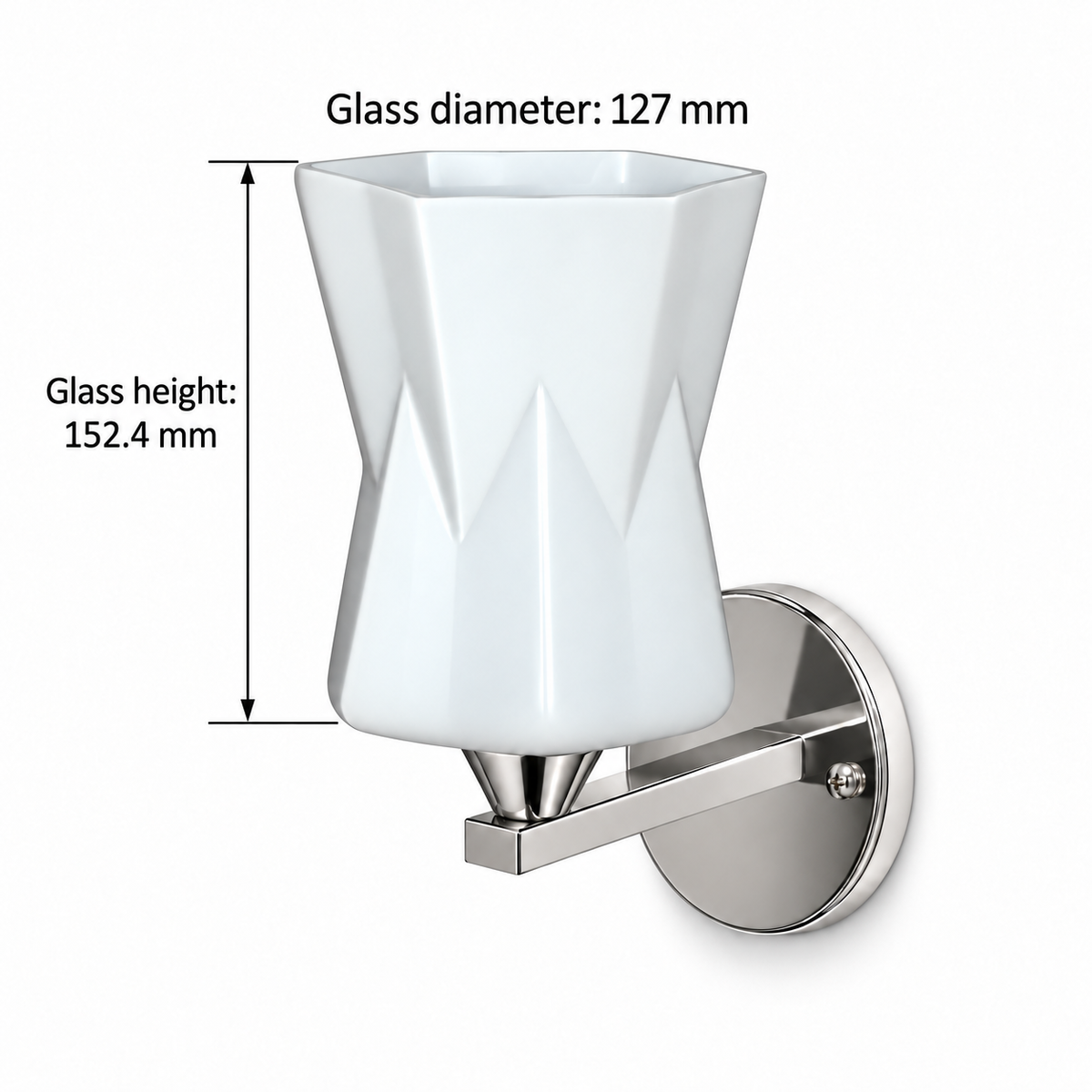 Faceted hourglass glass wall light dimension guide stating glass diameter 127 mm and showing glass-only height 152.4 mm