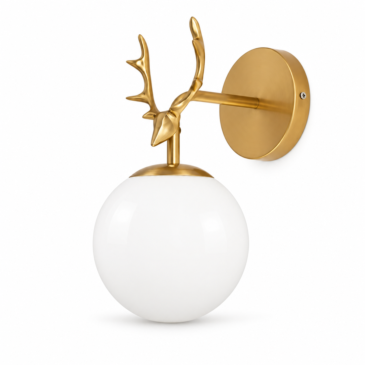 Stag antler globe wall light, switched off on a white studio background.
