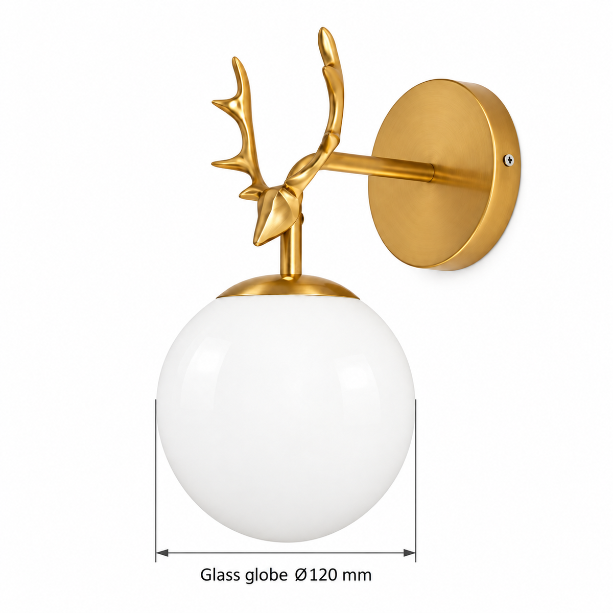 Stag antler globe wall light dimension diagram showing glass globe diameter 120 mm.