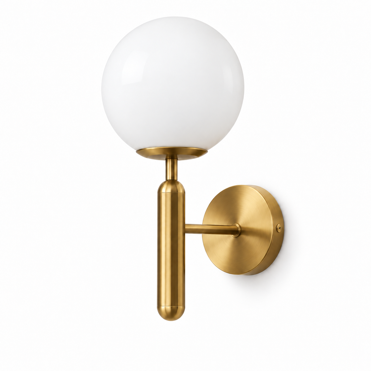 Opal globe rounded baton wall light, switched off on a white studio background.