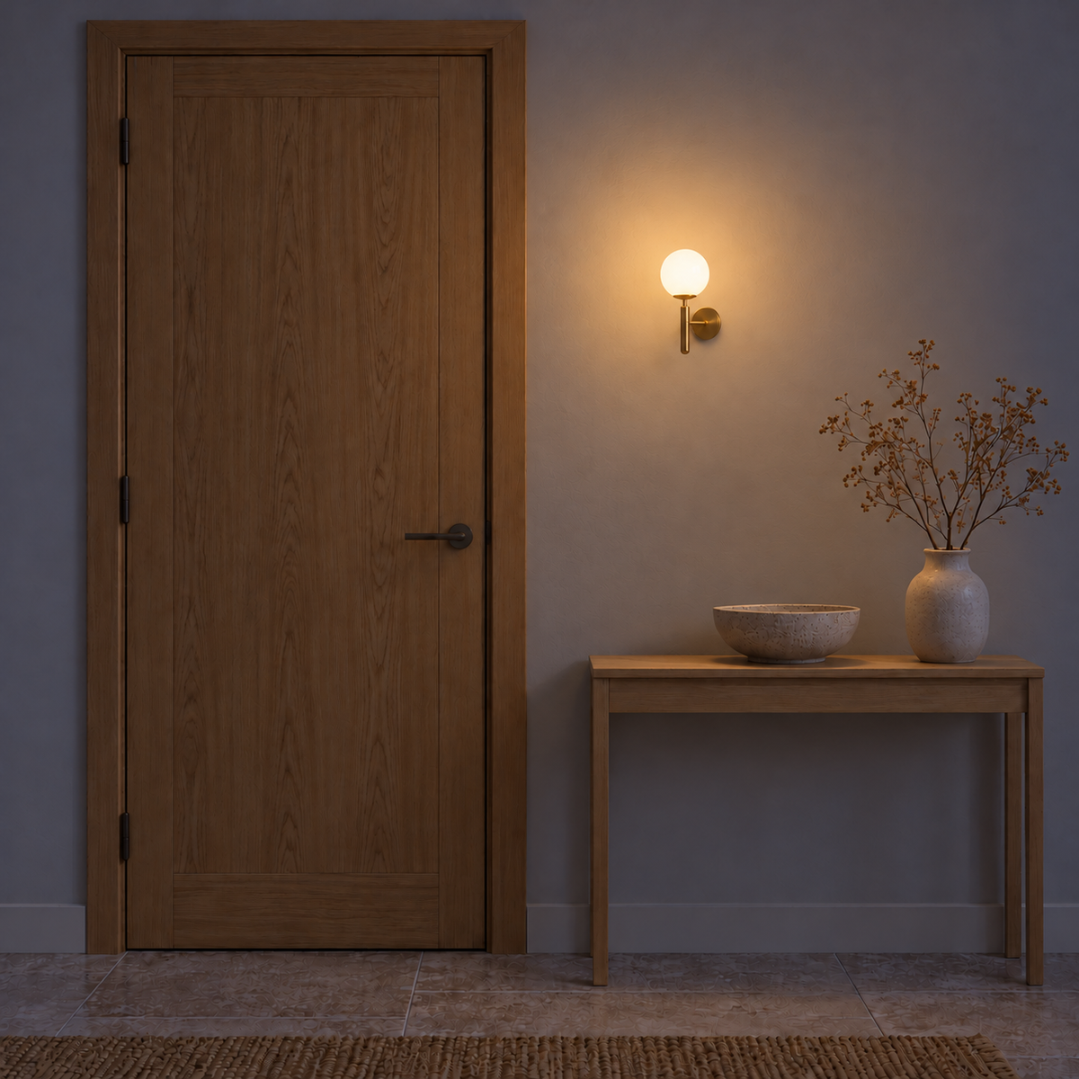 Opal globe rounded baton wall light, illuminated in a nighttime interior setting.