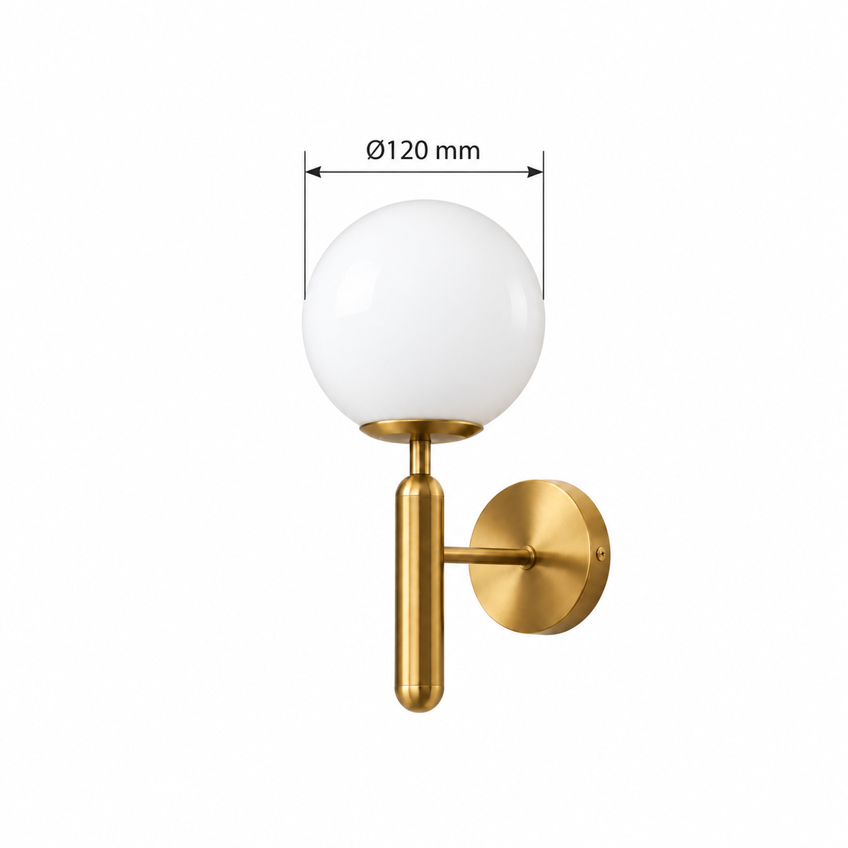 Opal globe rounded baton wall light dimension diagram showing glass globe diameter 120 mm.