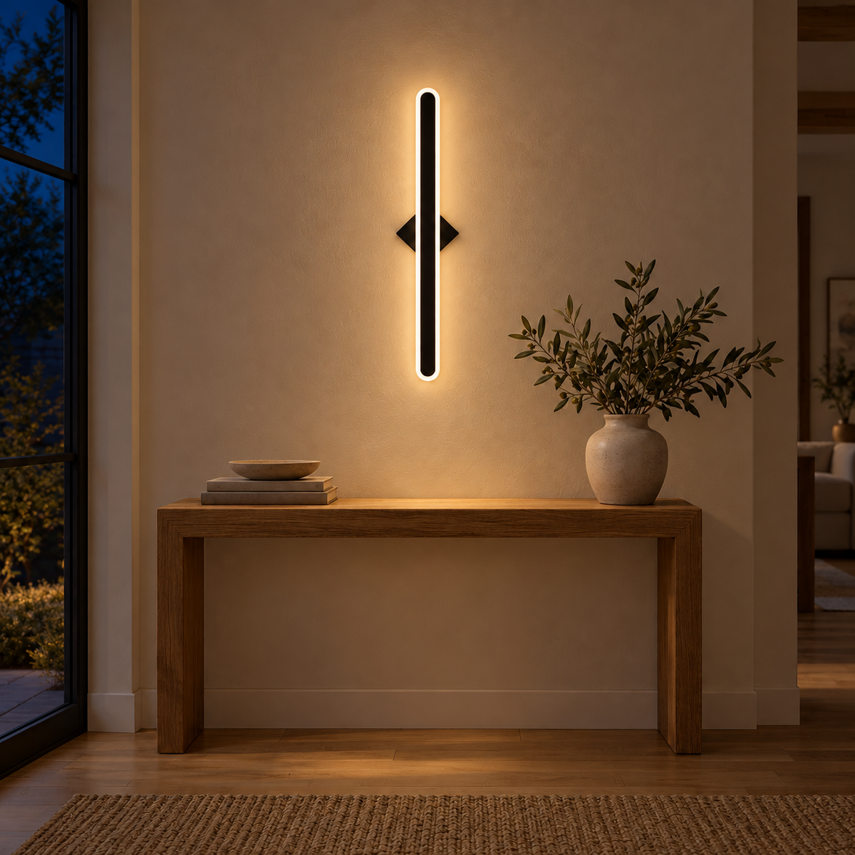 Black Slim Capsule Wall Light, 600 mm illuminated in the same residential interior at night